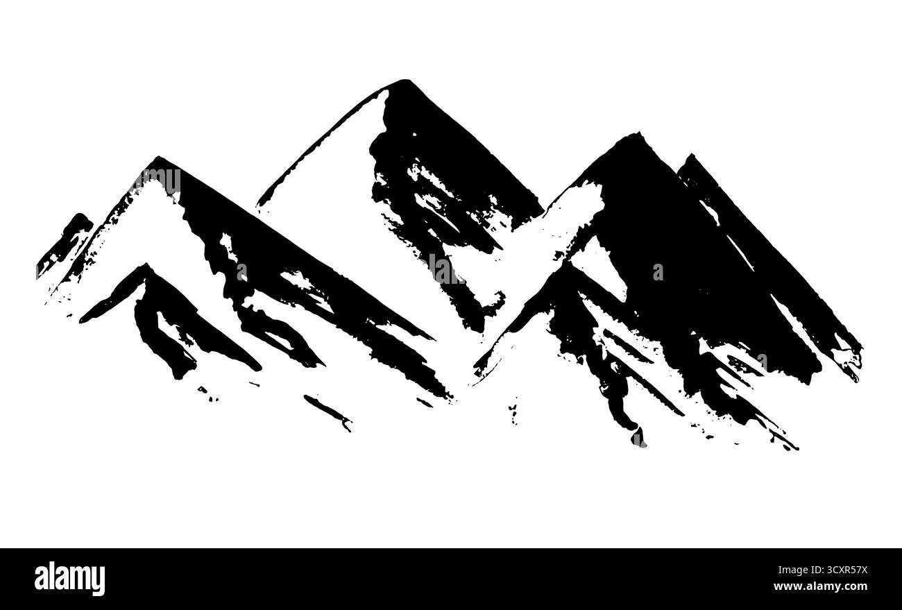Schwarzer Vektor strukturierte chinesische Tinte Hand gezeichnete Berge Illustration. Skizzenhafte einfache Hügellandschaft isoliert auf weißem Hintergrund, Textur Reise Conce Stock Vektor