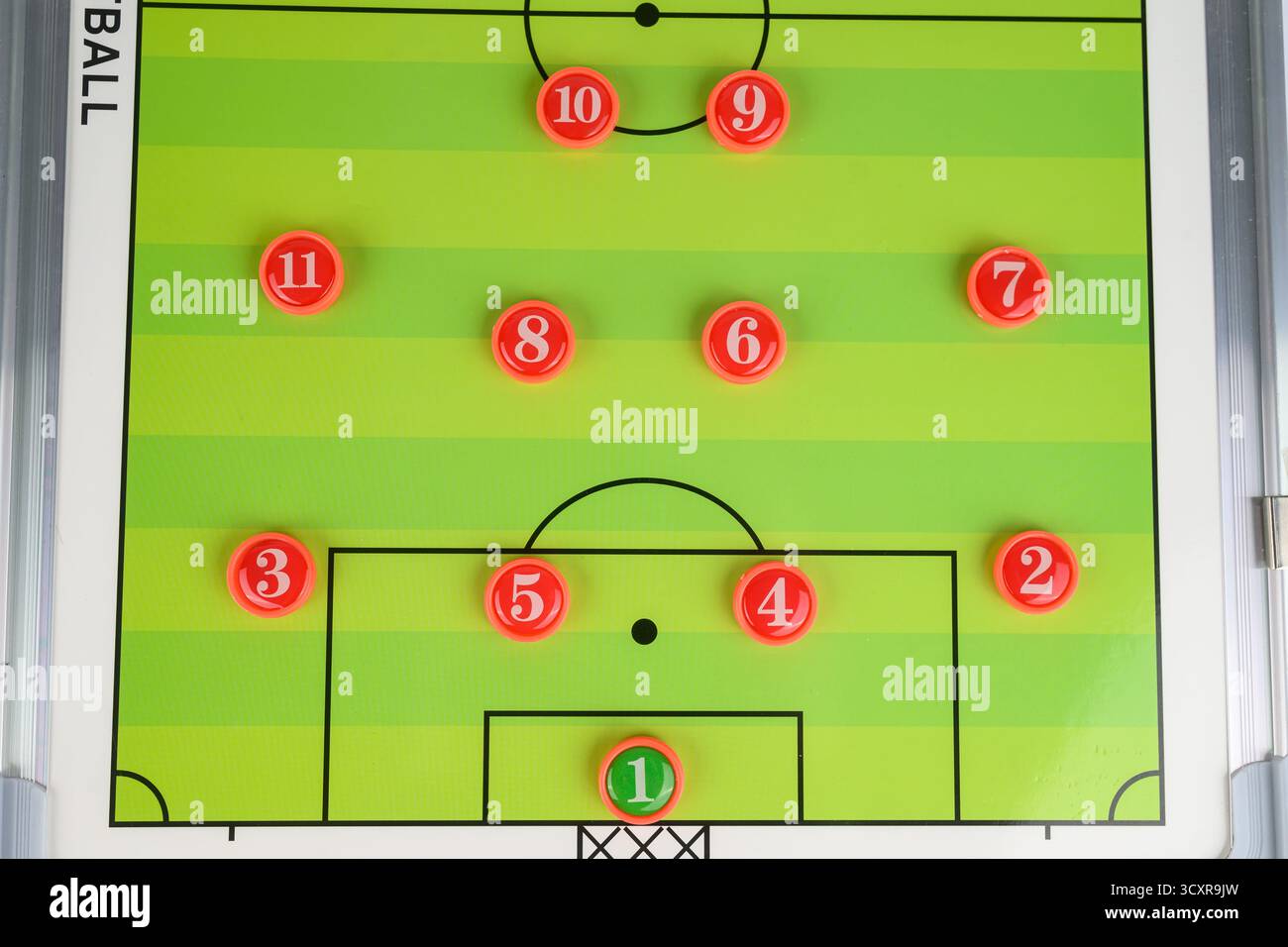4-4-2 Fußballformationstaktik auf einem Whiteboard auf dem Fußballfeld Stockfoto