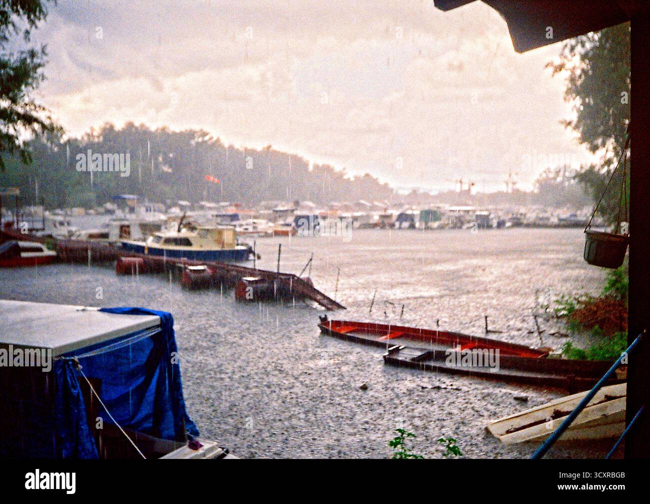 Regnerischer Abend in einer örtlichen Marina an der Donau, gesehen von einer nahegelegenen Restaurantterrasse, mit Booten und nassen Reflexionen, die eine stimmungsvolle Atmosphäre schaffen. Stockfoto