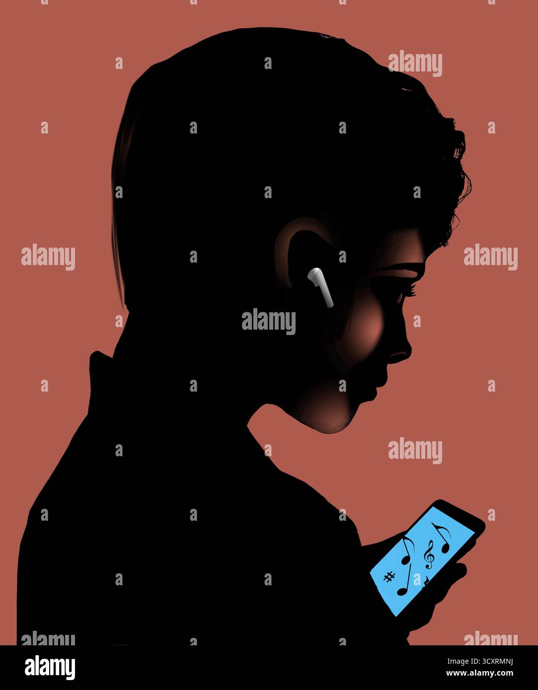 Eine junge Frau hört Musik auf ihren Ohrstöpseln in einer 3D-Illustration über kabellose Soundtechnologie. Stockfoto