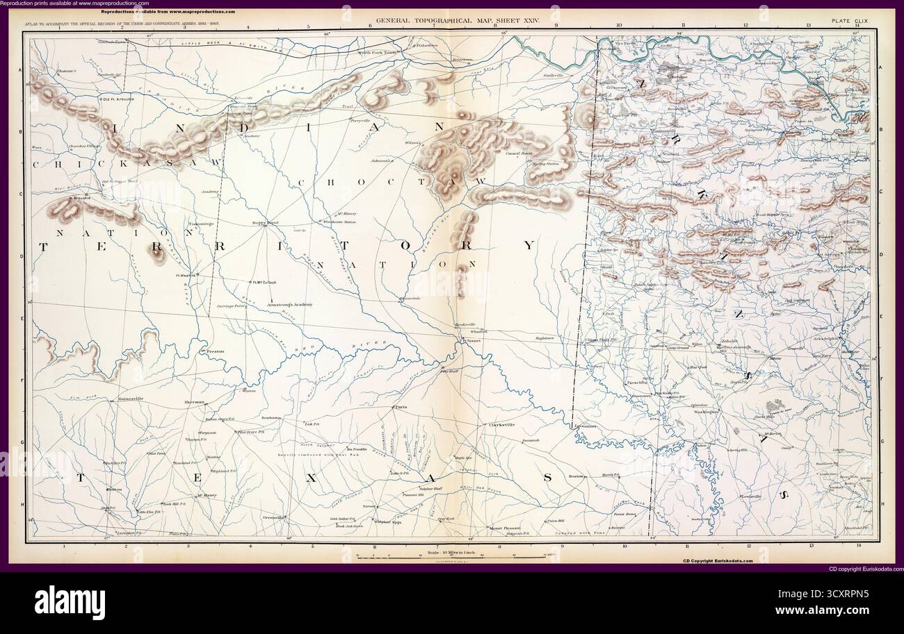SEATTLE - 11. OKT 2025 - historische Karte mit Topographie, Flüssen und Siedlungen in Texas, Arkansas und Indianergebiet während des Civil W Stockfoto