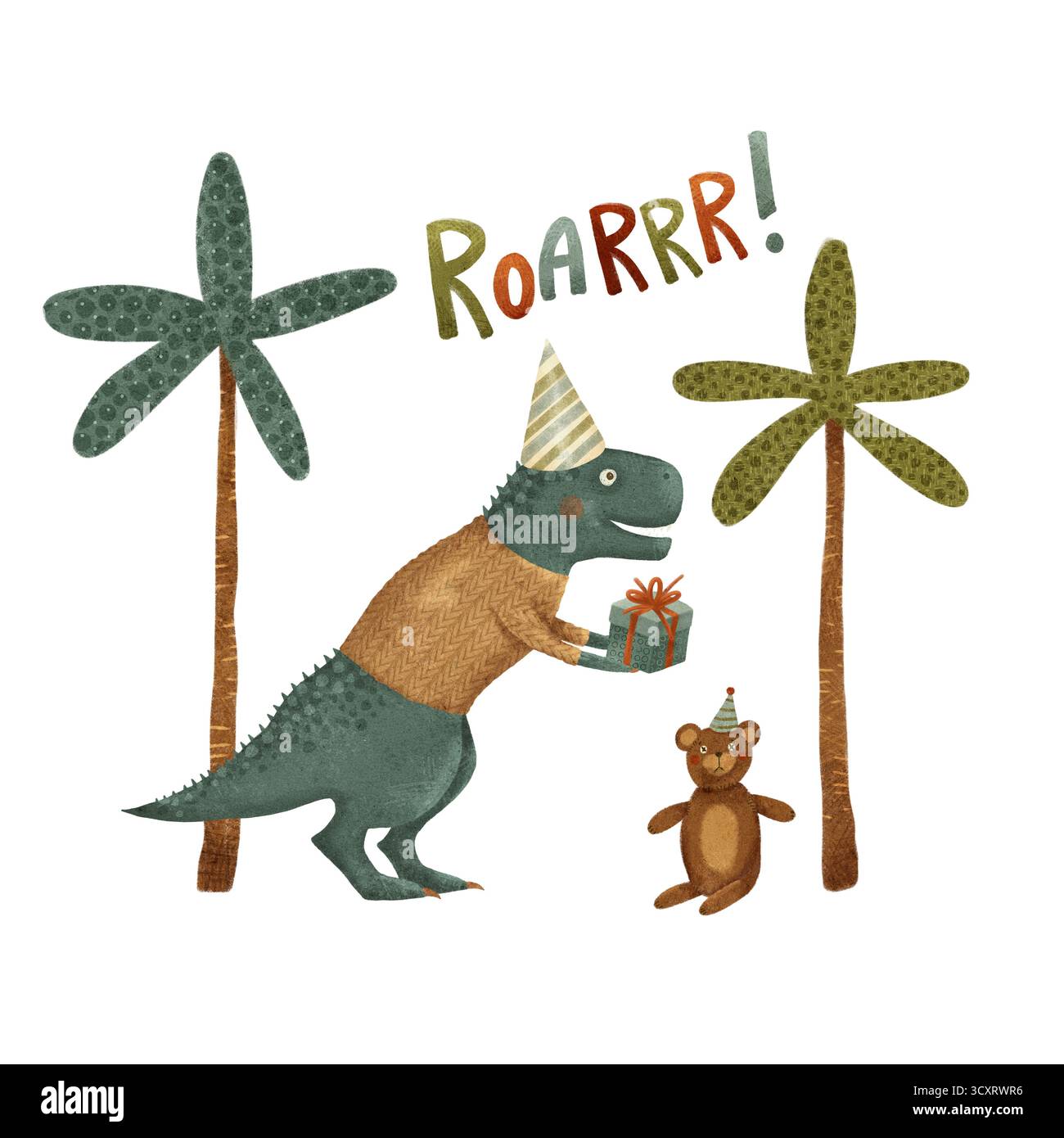 Ein verspielter Dinosaurier in einem Partyhut gibt einem niedlichen Teddybären, umgeben von Palmen, fröhlich ein farbenfrohes Geschenk. Diese Szene fängt Spaß und Abenteuer ein und ist ideal für Kindermotive und Geburtstage Stockfoto