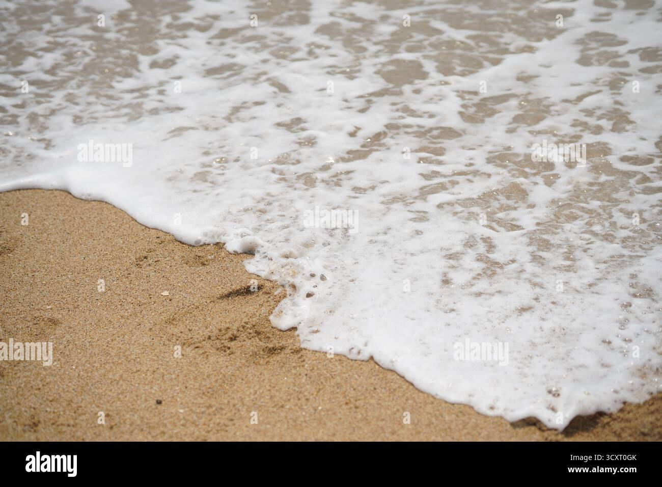 Weißer Meeresschaum wäscht sanft über den braunen Sandstrand Stockfoto