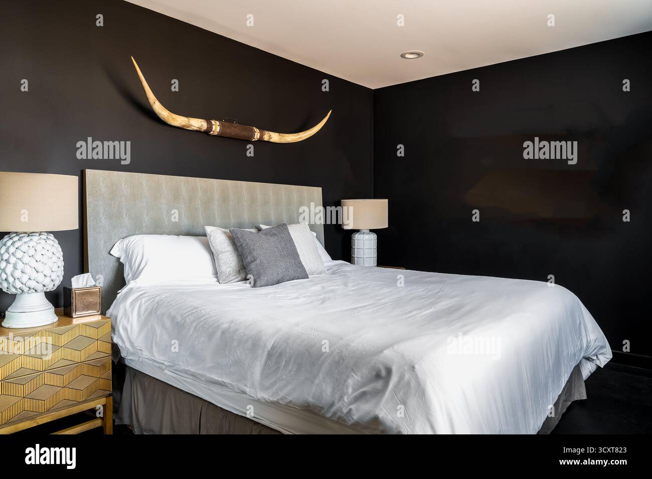 westliches Cowboy-Design-Schlafzimmer im Südwesten mit Stierhörnern, Bettkissen, Lampen, Nachttischen. Seitenwinkel. Stockfoto