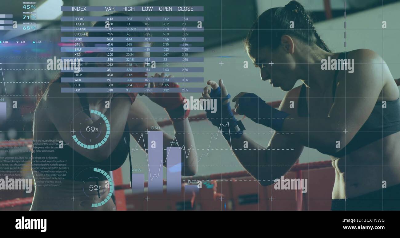 Stehende Boxer, die Sport-BHs und Handwicklungen im Boxring tragen, mit Überlagerung der Datenanalyse Stockfoto