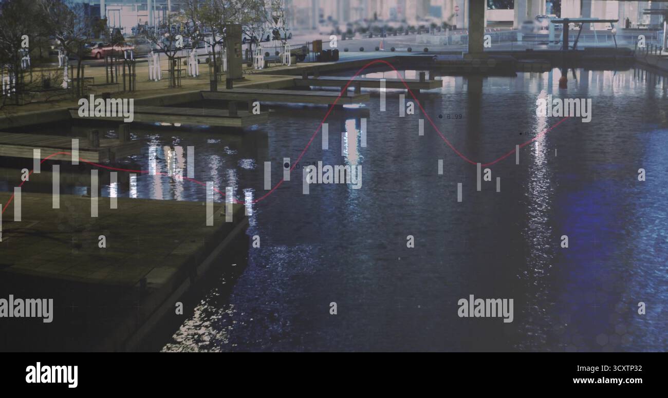 Mit reflektierenden Lichtern am Wasser bei Nacht, Kerzenleuchtern und roter Trendlinie Stockfoto