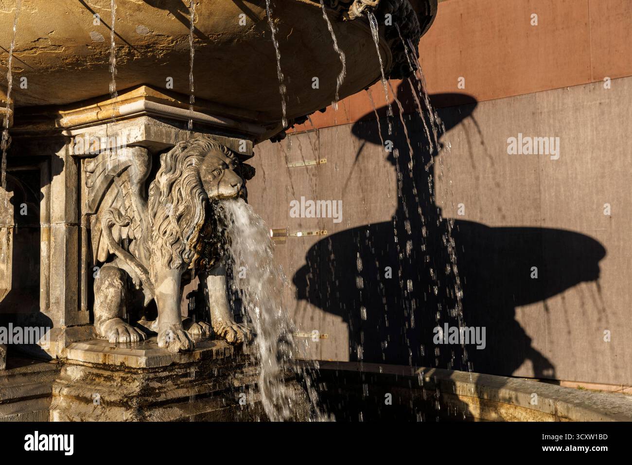 Wasserspuckender Löwe des Petrusbrunnens auf der päpstlichen Terrasse auf der Südseite des Doms, Köln, Deutschland. Wasserspeiender Loewe des PET Stockfoto