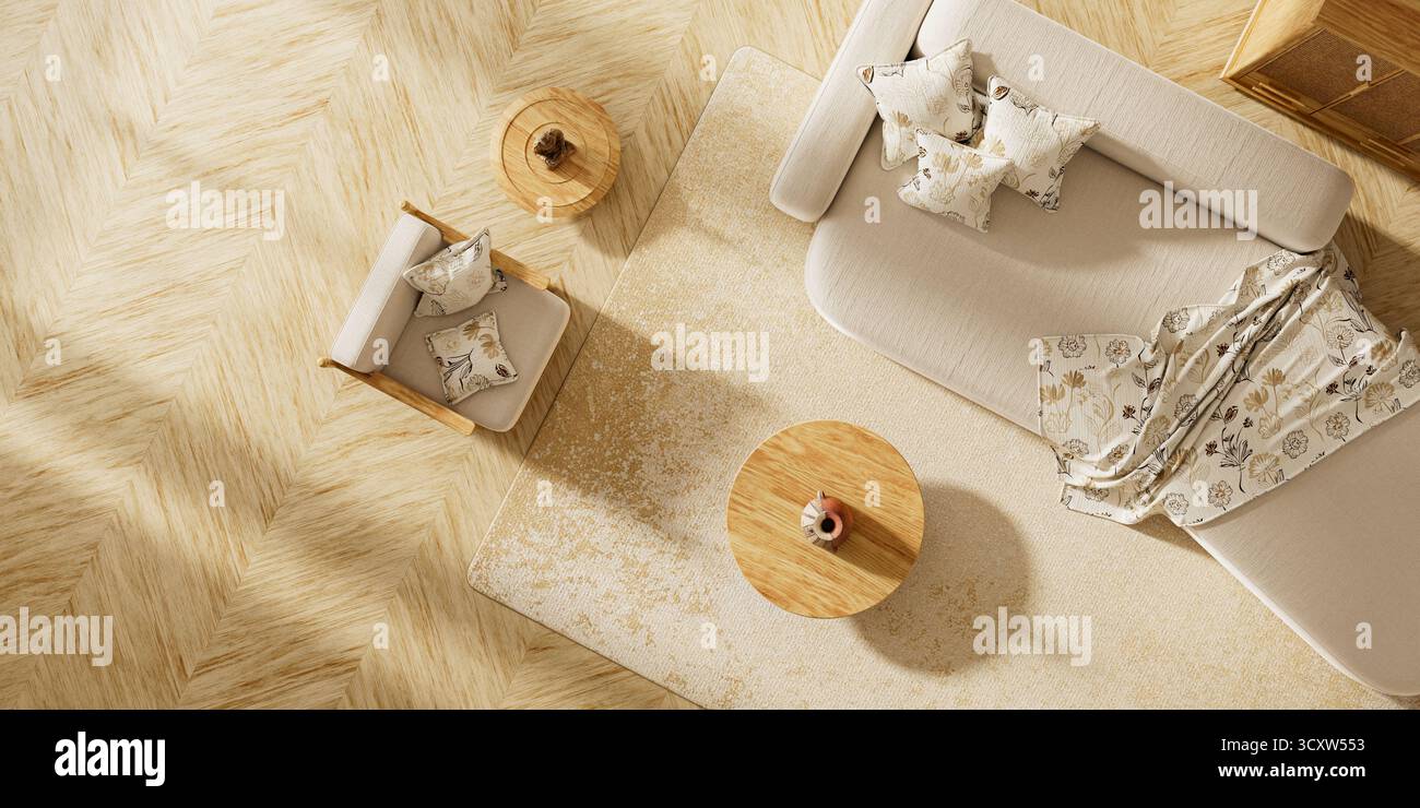 Helles Wohnzimmer mit beigefarbenem Sofa, Holzmöbeln, neutralen Farbtönen und Tageslicht, perfekter minimalistischer Stil. Modernes Wohnzimmer. 3D-Abbildung Stockfoto