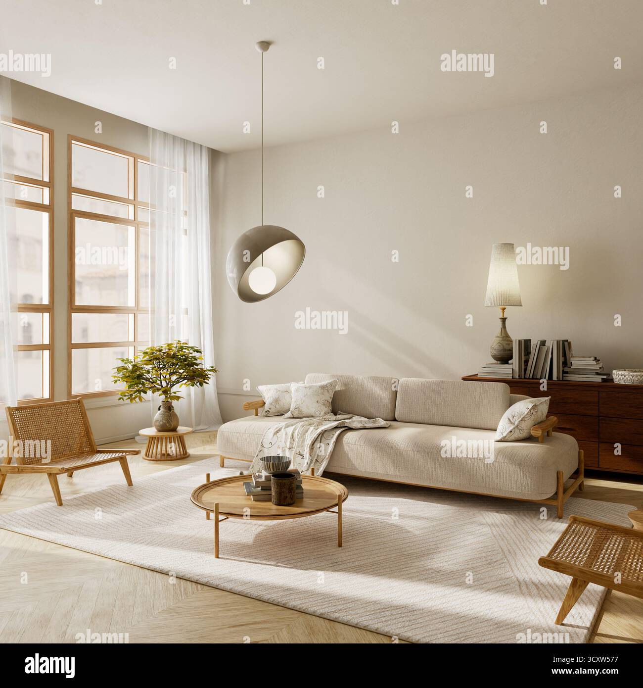 Ein ruhiges, neutrales Wohnzimmer mit Holzmöbeln, dezenter Beleuchtung und minimalistischen Details. 3D-Abbildung. Stockfoto