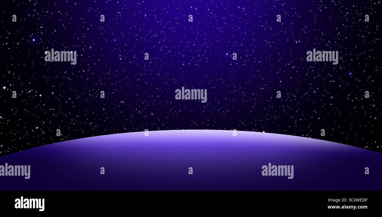 Abstrakter kosmischer Hintergrund oder Präsentationsbühne mit dramatischer Tiefenraumszene. Oberer Teil dunkel mitternachtsblau und violett verlaufende Himmelsfüllung Stockfoto