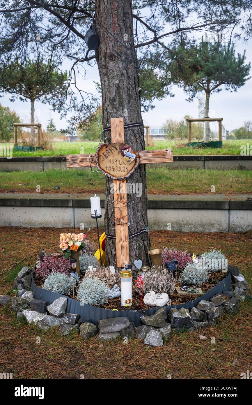 Kreuz für einen Verkehrsteilnehmer, der an dieser Stelle in der Robert-Schumann-Straße im Phoenix Technology Park in Dortmund-Hoerde, Dortmund, Nordrhein-Westp, gestorben ist Stockfoto