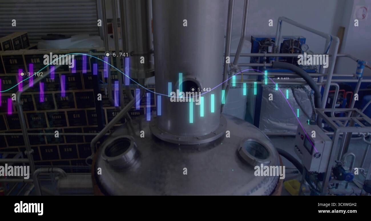 Mit Destillationssäule aus Edelstahl, die in der Destillerie betrieben wird, mit Balken- und Liniendiagramm Stockfoto