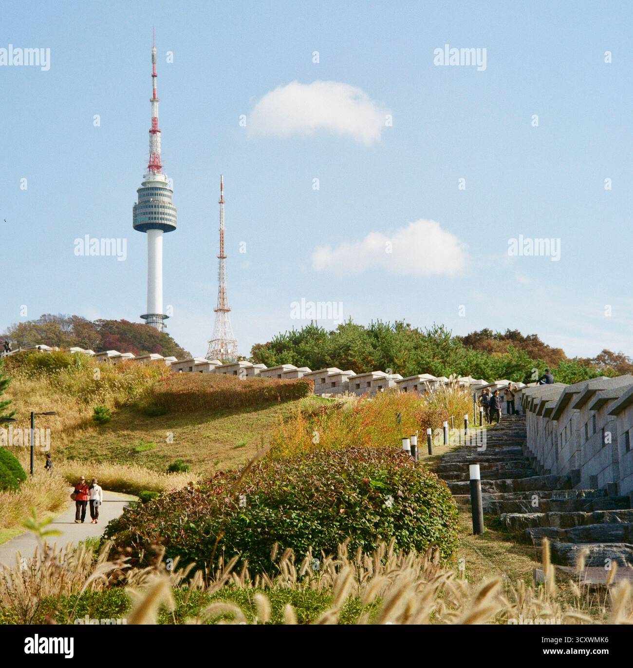 Namsan Seoul Tower mit Festungsmauer im Herbst mit Rolleiflex Stockfoto