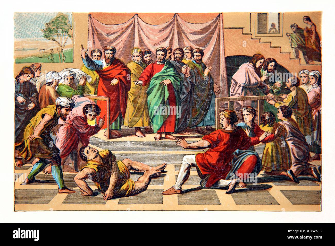 Illustration des plötzlichen Todes von Ananias, nachdem ein Teil des Erlöses aus dem Verkauf von Land behalten wurde, anstatt es den Aposteln ab 19. Jahrhundert zu geben Stockfoto