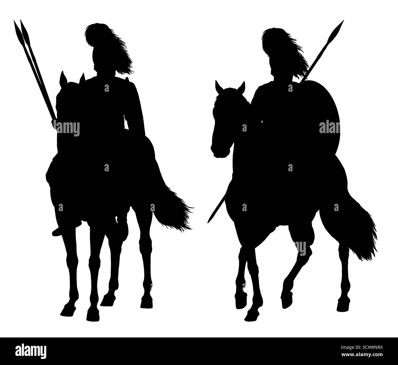 Handgefertigte historische Silhouettenzeichnung von montierten Kriegern. Gepanzerte schwere Kavallerie. Stockfoto