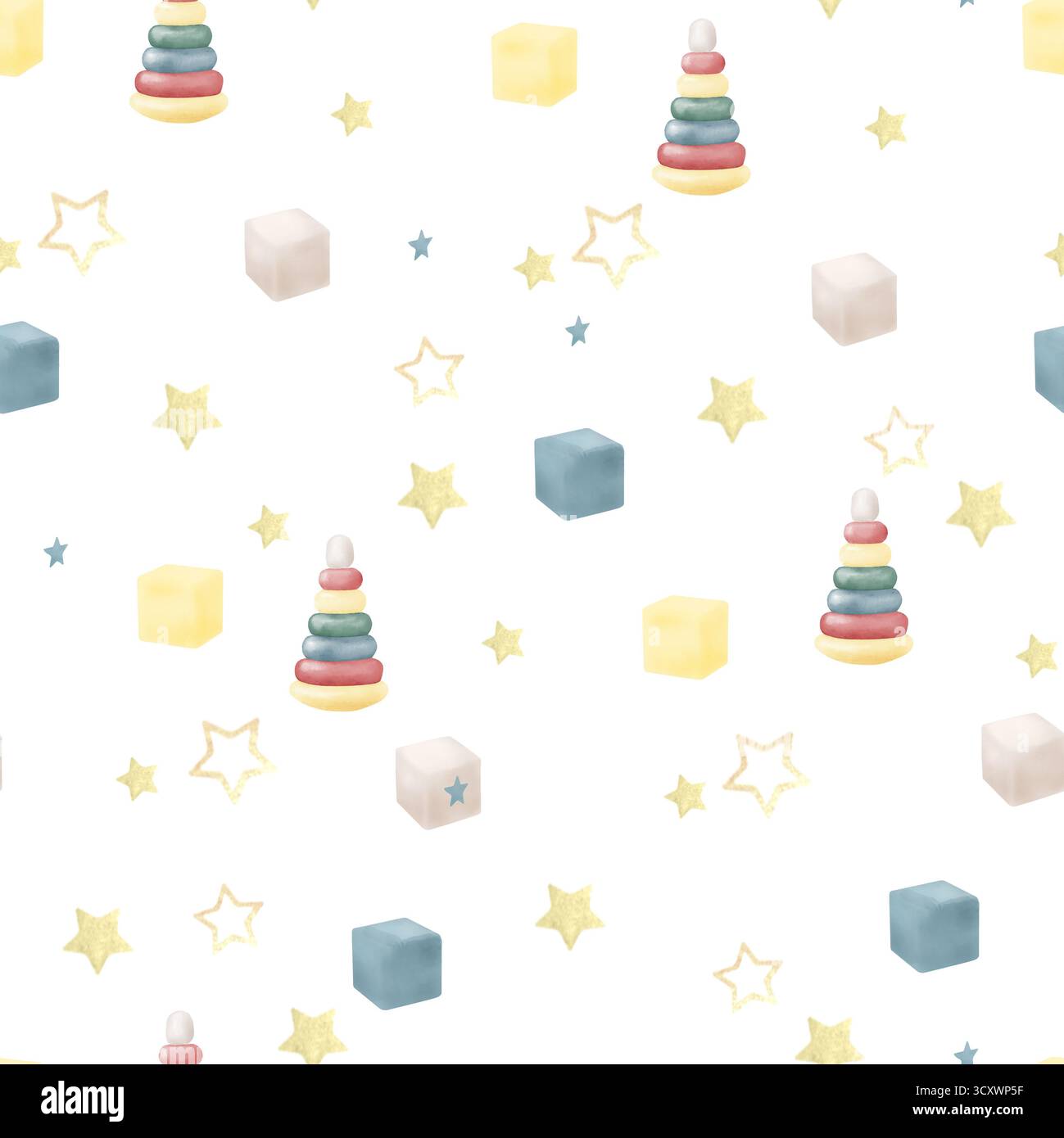 Gelbe Sterne und eine Kinderpyramide. Aquarellabbildung. Nahtloses Muster für Textilien, Karten und Einladungen, isoliert auf weißem Hintergrund. Stockfoto