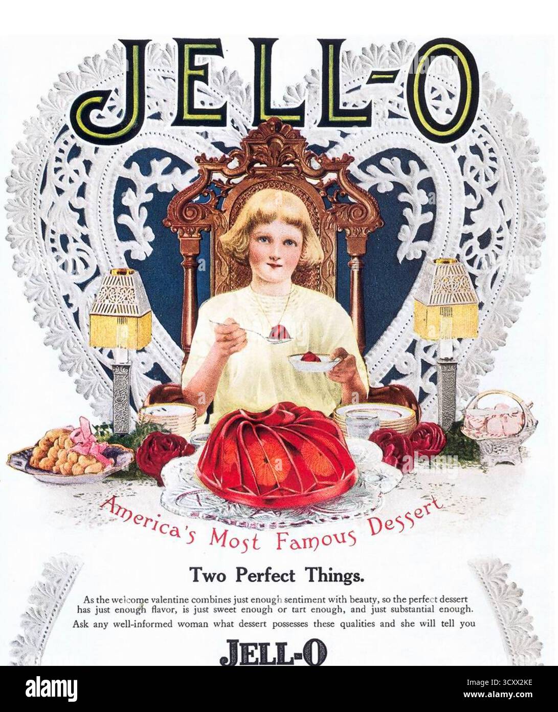 JELL-O 1920er Werbespot für die amerikanische Marke von Gelatine Dessert Pudding Stockfoto