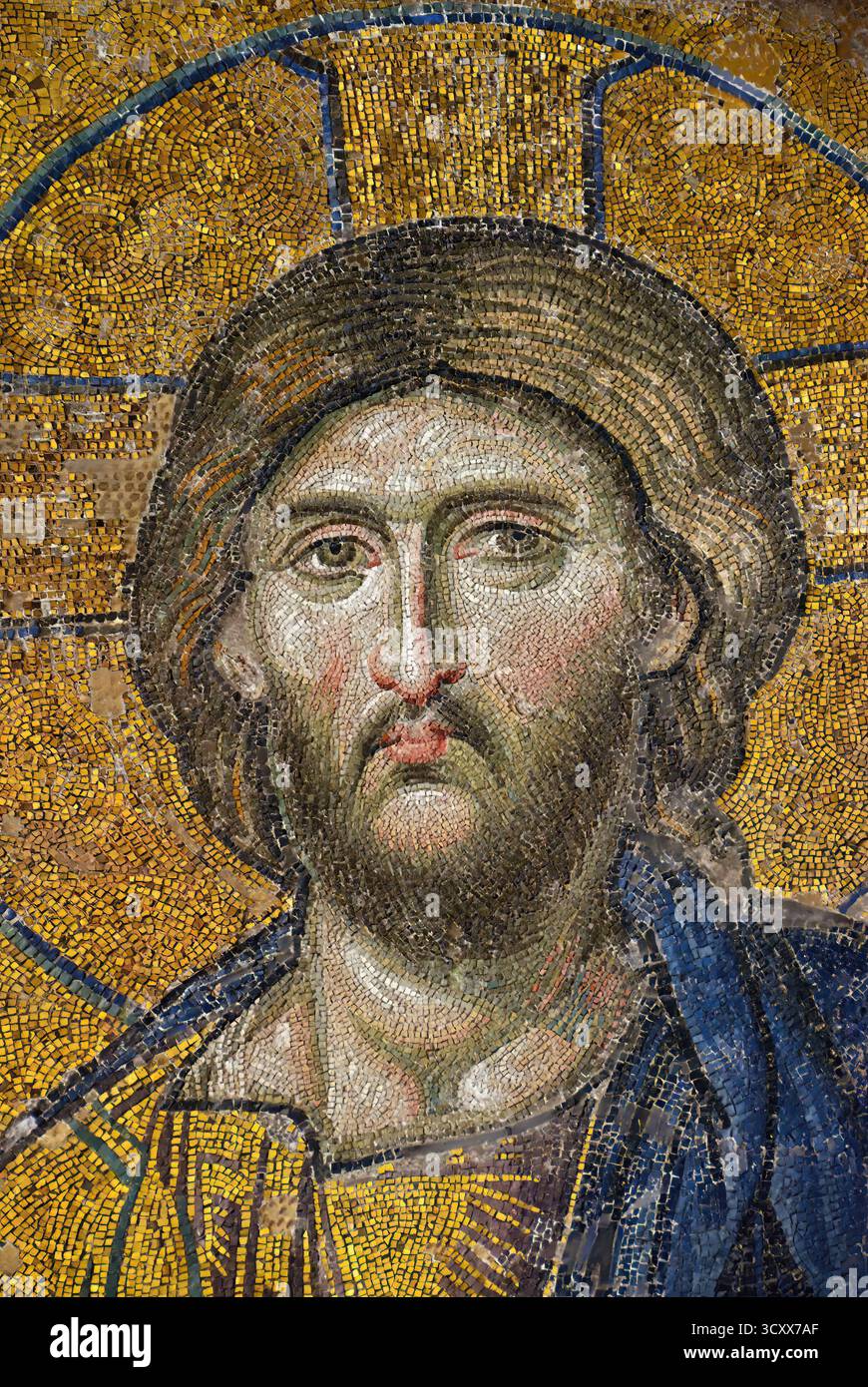 Das Gesicht Jesu Christi. Fragment einer Mosaikikone Deesis oder Jüngsten Tag, 13. Jahrhundert. Sie befindet sich in der oberen Galerie der Hagia Sophia in Istanb Stockfoto