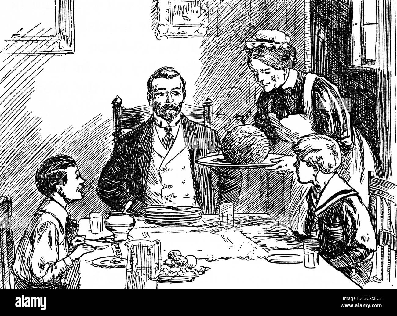 Ein Weihnachtspudding, 1910. Ein Zimmermädchen serviert einer Familie während des Weihnachtsessens einen traditionellen Weihnachtspudding. Christmas Pudding ist süßer, gekochter oder gedämpfter Pudding, der traditionell als Teil des Weihnachtsessens in Großbritannien serviert wird. Seine Ursprünge liegen im mittelalterlichen England. Stockfoto