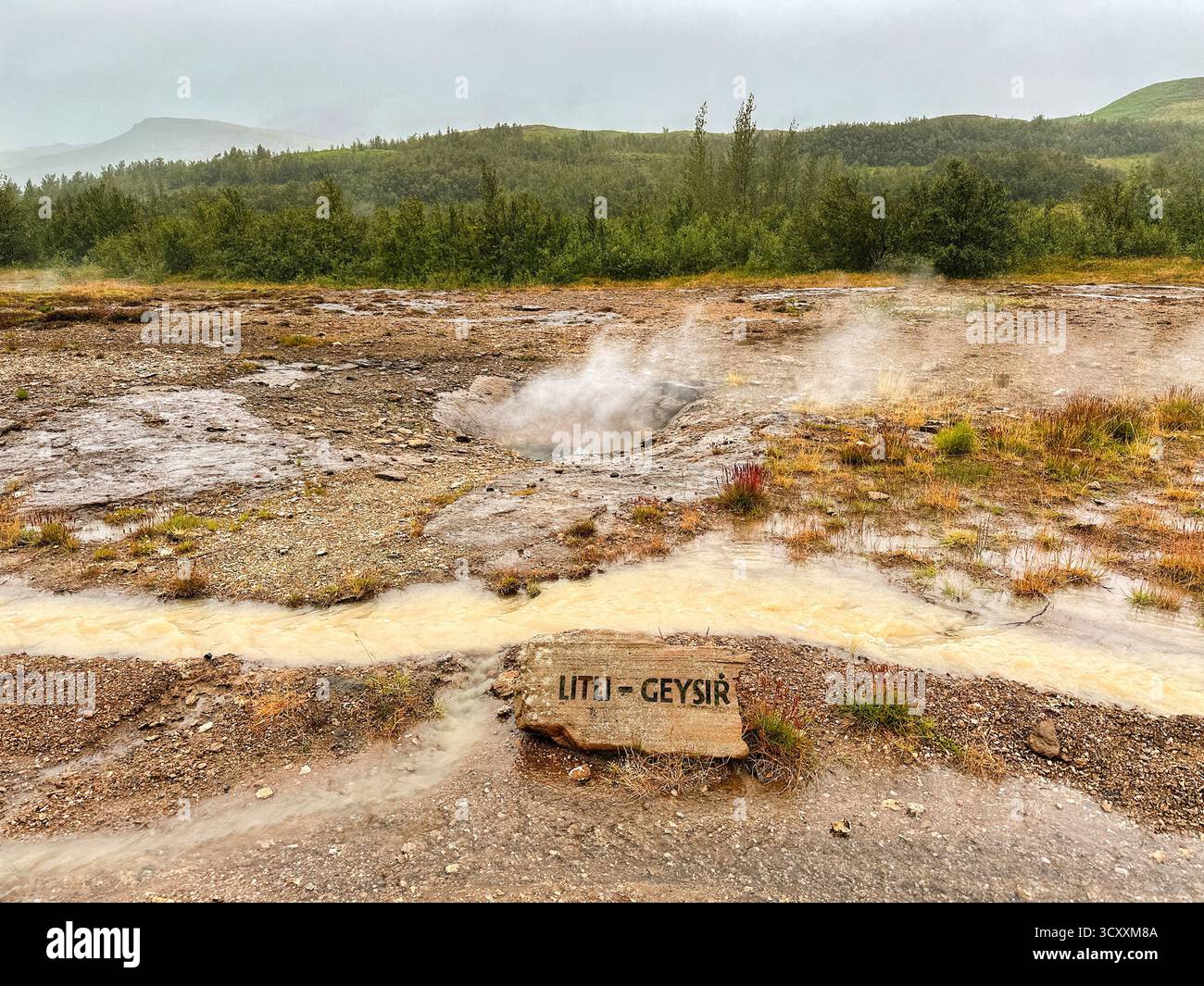 Strokkur, Island - 31. August 2024: Schild vor dem Little Geysir im Geysir Hot Spring Area - Smartphone-aufgenommenes Stockfoto