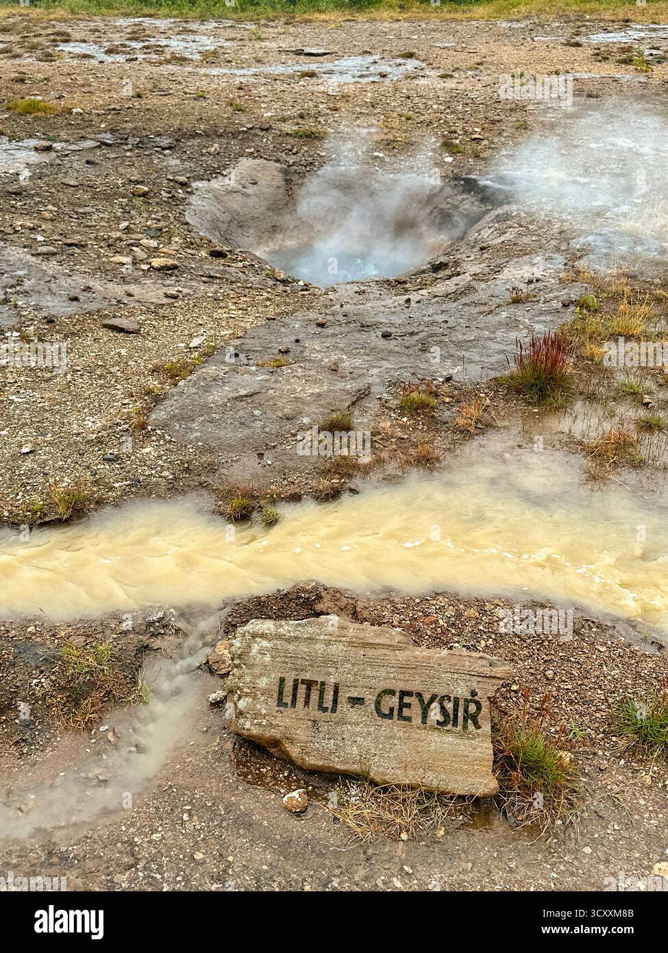 Strokkur, Island - 31. August 2024: Schild vor dem Little Geysir im Geysir Hot Spring Area - Smartphone-aufgenommenes Stockfoto