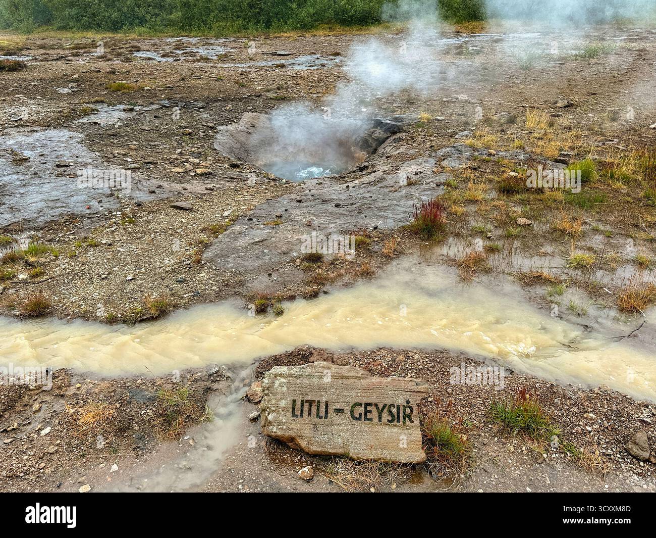 Strokkur, Island - 31. August 2024: Schild vor dem Little Geysir im Geysir Hot Spring Area - Smartphone-aufgenommenes Stockfoto
