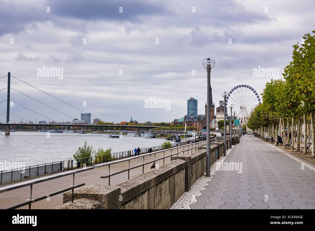 Von Bäumen gesäumter Rheinpromenadenweg mit entferntem Riesenrad und historischem Kirchturm unter bewölktem Himmel in Düsseldorf Deutschland Stockfoto