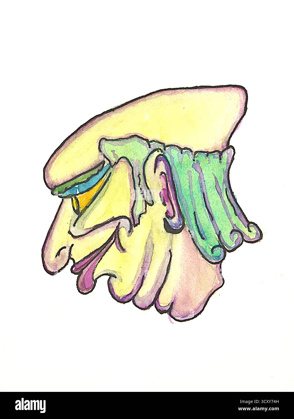 Buell Fuller - Männer gegen Mikroben (Marionetten)- Krankenkopf mit lila Lippen und grünen Glatzenhaaren (1934-1943) - das Bild ist eine Aquarellillustration eines stilisierten, grotesken Kopfes im Profil, nach links gerichtet. Das Gesicht ist in erster Linie blassgelb mit einer ausgeprägten, spitzen Nase und einem kleinen Mund mit lila Lippen. Der Kopf hat eine große, abgerundete Stirn oder ein hutähnliches Detail auf der Oberseite. Ein geraffter, hellgrüner Kragen oder Rüschen reicht von der Rückseite des Kopfes aus, und ein einzelnes Ohr ist darin sichtbar. Die Zeichnung hat eine cartoonische, phantasievolle Qualität. Stockfoto