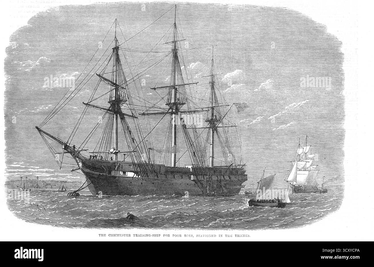 HMS Chichester (1843), ein Ausbildungsschiff für arme Jungen, stationiert in der Themse, London, 1867. Stockfoto