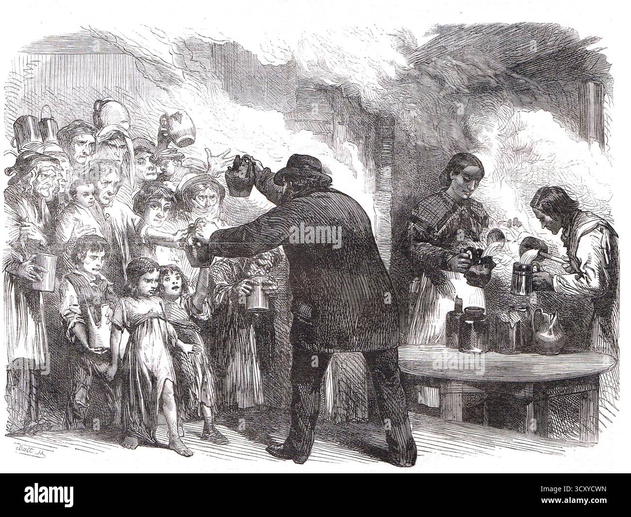 East End Poverty, eine Suppenküche im Ratlcliff-Highway, London, England. 1867. Stockfoto