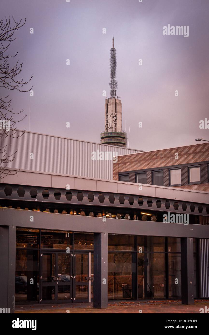 Ein modernes Gebäude mit einem Glaseingang und einem hohen Turm. Der Turm verfügt über eine große Antenne oder Kommunikationsstruktur an seiner Spitze. Stockfoto