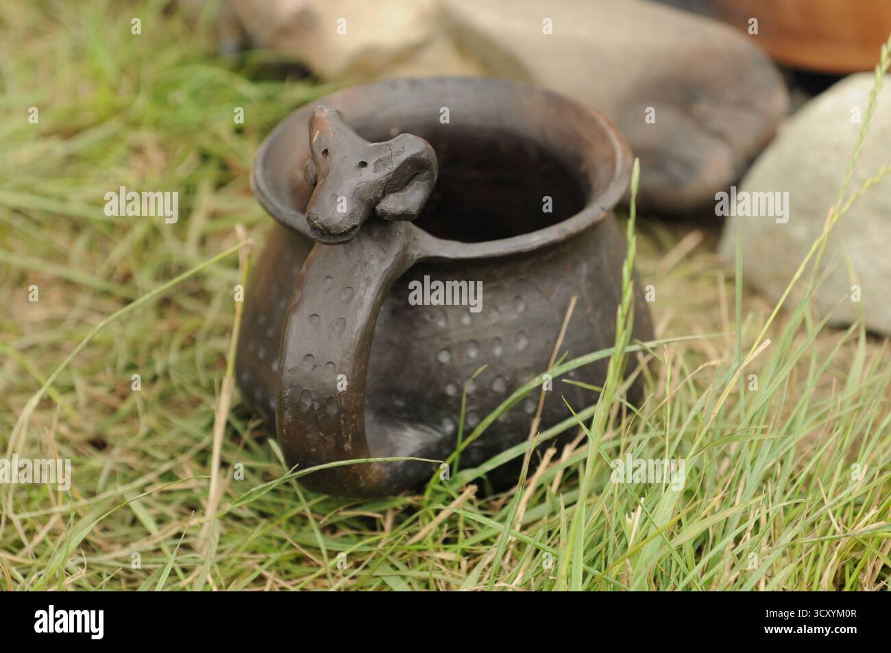 Handgefertigter Tontopf im frühmittelalterlichen Stil, der während einer archäologischen Rekonstruktion in Trzcinica, Subkarpaten, Polen, auf Gras gelegt wurde. Stockfoto