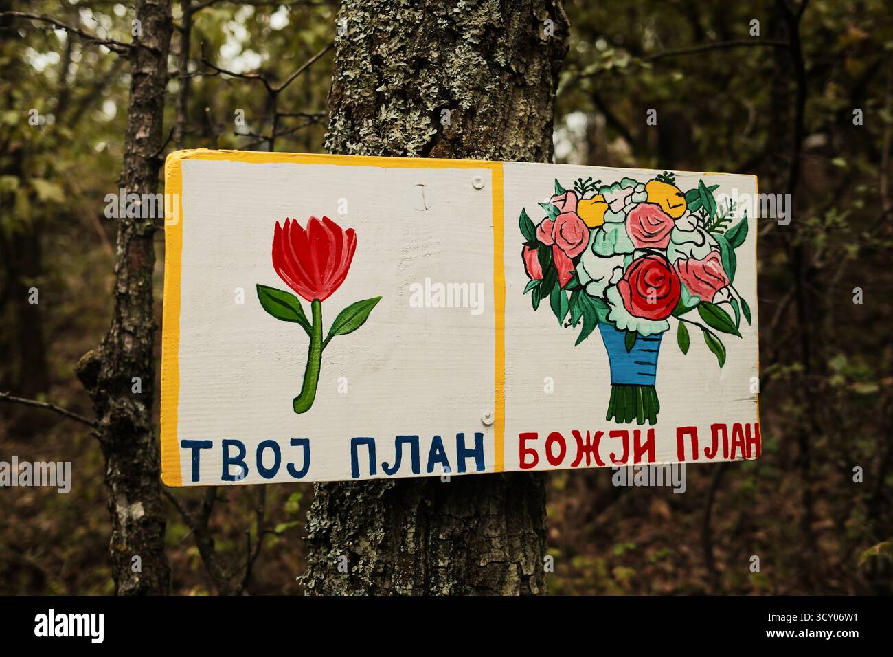 Hölzerne Schild mit serbischem Text, was deinen Plan bedeutet - Götterplan. Das Kunstwerk stellt einen Kontrast zwischen einer einzelnen roten Blume und einem Blumenstrauß dar und symbolisiert den Glauben und das Vertrauen in Stockfoto