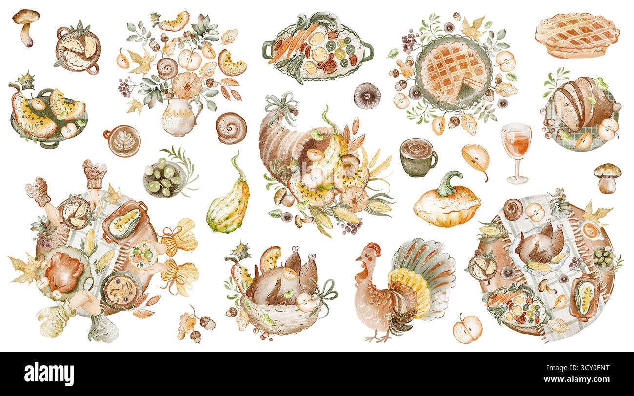 Aquarell Thanksgiving Clipart Pack mit Herbstelementen, Kürbissen, truthahn, Äpfeln, Eicheln und Blättern. Perfekt für Einladungen, Postkarten, Menüs Stockfoto