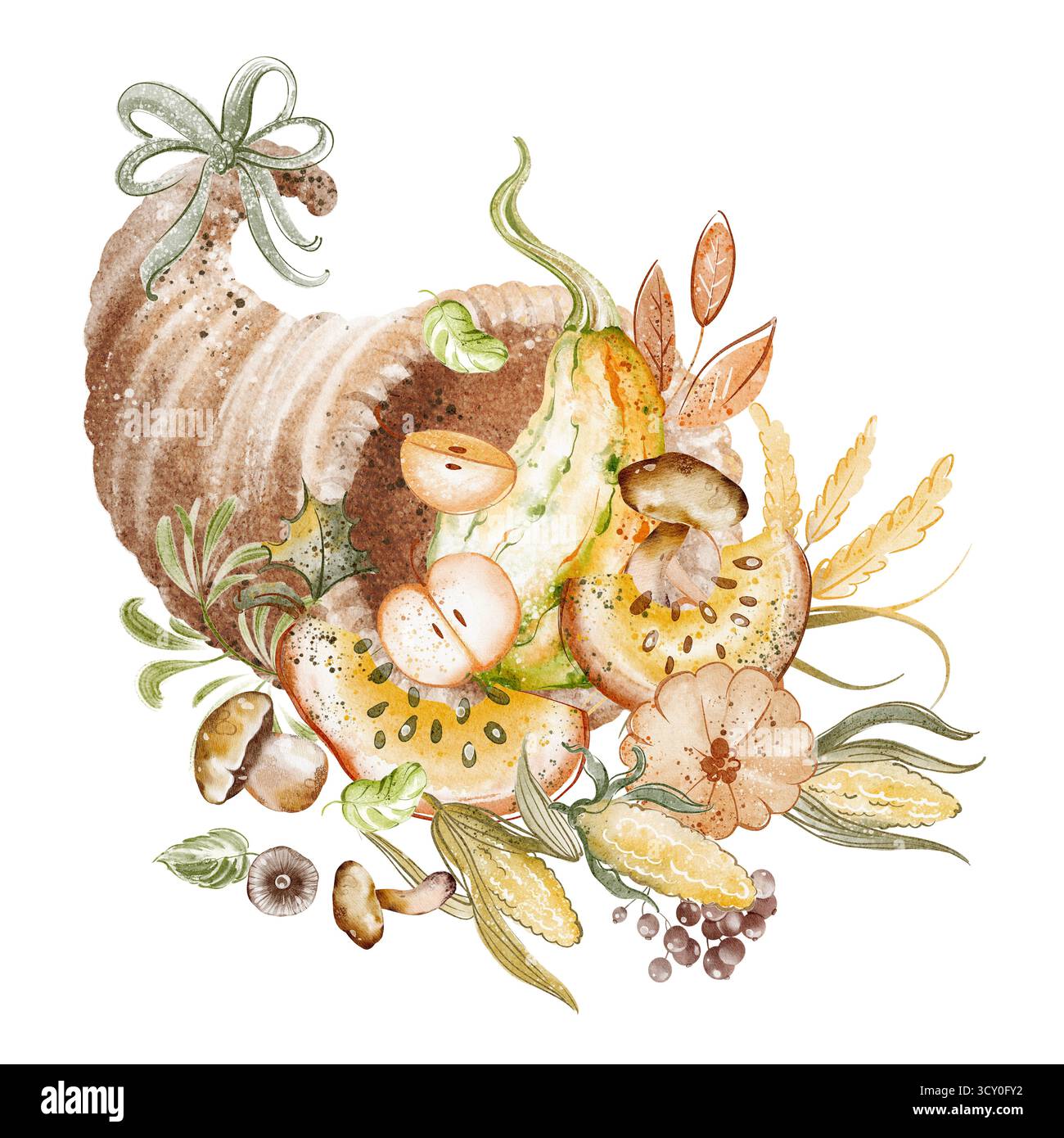 Aquarellillustration eines Horns voller Fülle gefüllt mit Herbstgemüse und Früchten. Ein traditionelles Erntesymbol, perfekt für Thanksgiving und Herbst Stockfoto