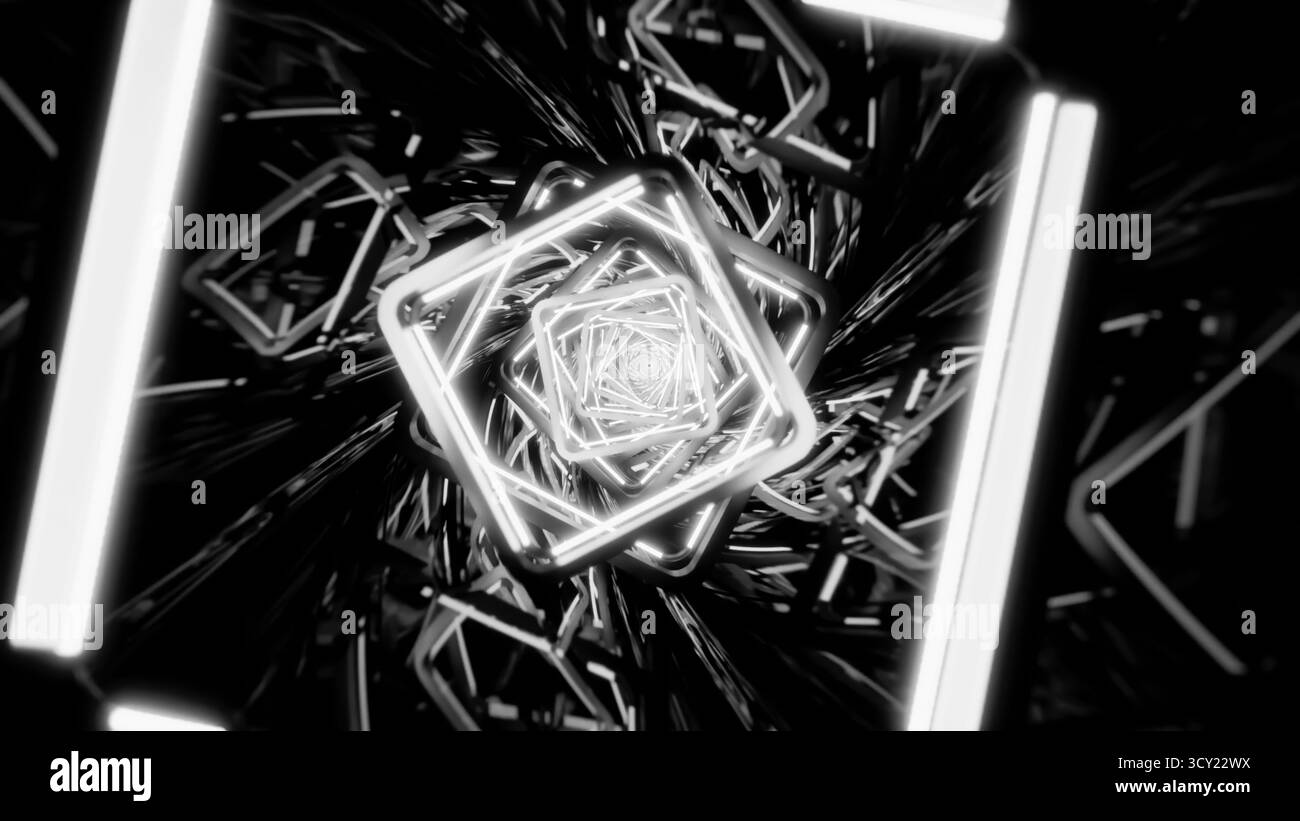 Abstrakte futuristische Neontunnel-Schwarz-weiß-Geometrie Stockfoto