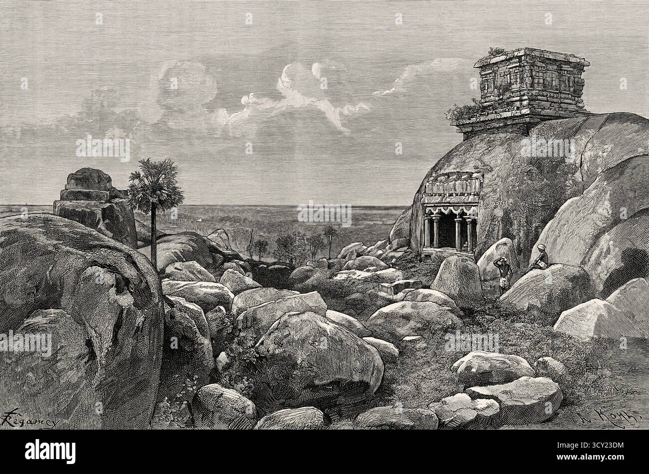 Pancha Rathas ist ein monolithischer indischer Felsendenkmalkomplex in Mahabalipuram an der Coromandel-Küste der Bucht von Bengalen im Bezirk Chengalpattu, Bundesstaat Tamil Nadu, Indien. Südasien. Acht Days in India, 1876 von Emile Guimet (1836–1918) Zeichnungen aus dem Leben von Félix Régamey (1844–1907) Le Tour du Monde 1888 Stockfoto