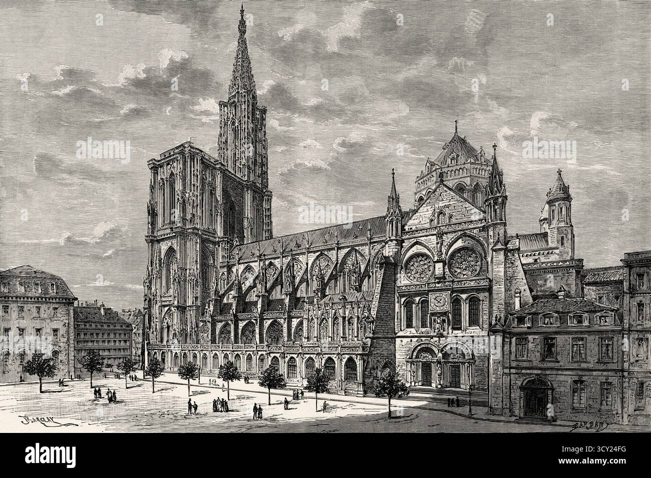 Südfassade des Straßburger Doms. Département BAS-Rhin, Elsass, Frankreich. Zeichnung von Edgar Barclay (1842–1913) durch Elsass und Lothringen, 1888 von Charles Grad (1842–1890) Le Tour du Monde 1888 Stockfoto