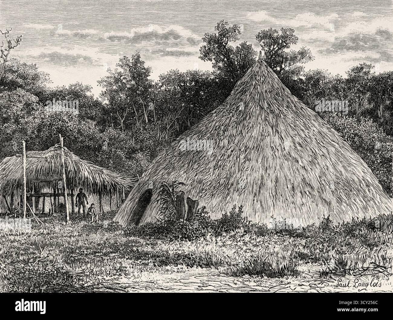 Traditionelle Churuata-Wohnung der Piaroa. Südamerikanische indigene ethnische Gruppe des mittleren Orinoco-Beckens, Kolumbien und Venezuela, Südamerika. Zeichnung von Paul Langlois (1858–1906) Reise zu den Quellen des Orinoco-Flusses, 1886-1887 von Jean Chaffanjon (1854–1913) Le Tour du Monde 1888 Stockfoto