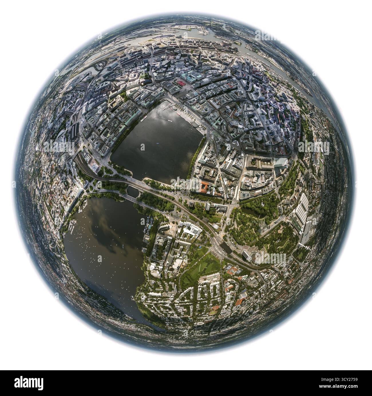 Innenalster, Aussenalster, Kennedybrüecke, Fischaugenlinse, Fischaugenlinse, Rundbild, Hamburg, Deutschland, Europa, Luftaufnahme, Vogelperspektive, aus der Luft Stockfoto
