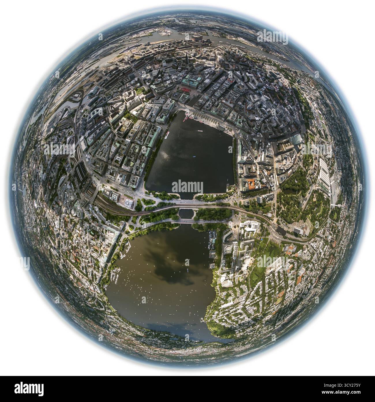 Innenalster, Aussenalster, Kennedybrüecke, Fischaugenlinse, Fischaugenlinse, Rundbild, Hamburg, Deutschland, Europa, Luftaufnahme, Vogelperspektive, aus der Luft Stockfoto
