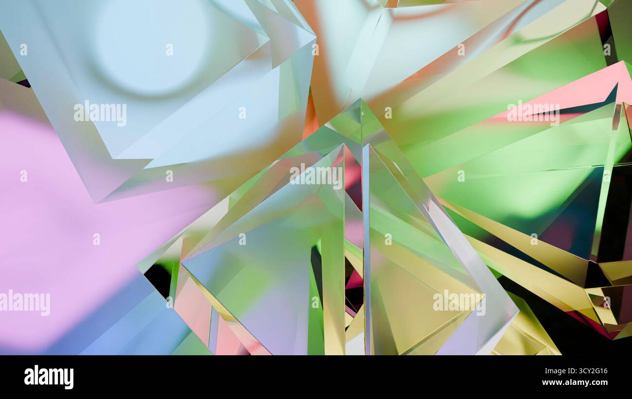 Pastell-Kristallsplitter, die sich sanft in abstrakter Form drehen. Design Stockfoto