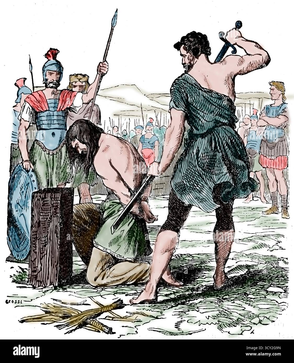 Guturvato-Anführer, Gefangener. Ausgepeitscht und enthauptet auf Befehl von Julius Cäsar. Gallische Kriege (58-59 v. Chr.). Stich, 19. Jahrhundert. Stockfoto