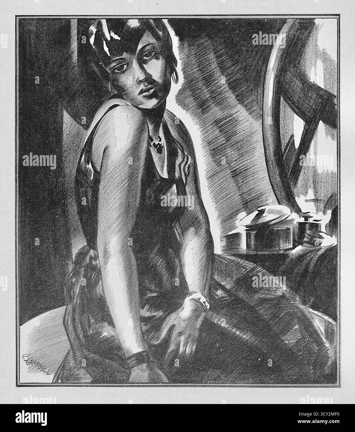 Elmer Simms Campbell - Blues Singer Backstage - (1929) - die Illustration hat einen fließenden, malerischen Stil mit viel Schatten und dramatischer Beleuchtung, um Tiefe zu schaffen. Der Hintergrund scheint einen Spiegel oder eine reflektierende Oberfläche mit verschiedenen Objekten auf einem Tisch zu zeigen. Elmer Simms Campbell, ein Pionier der afroamerikanischen Karikaturisten und Illustrator, war bekannt für seine Arbeit mit Frauen, die oft als seine „Haremsmädchen“ bezeichnet werden und in Zeitschriften wie Esquire, Cosmopolitan und The New Yorker erschienen. Seine Arbeit in Schwarz-weiß und Aquarell wurde für seine Spontaneität und seinen ansprechenden Stil anerkannt Stockfoto