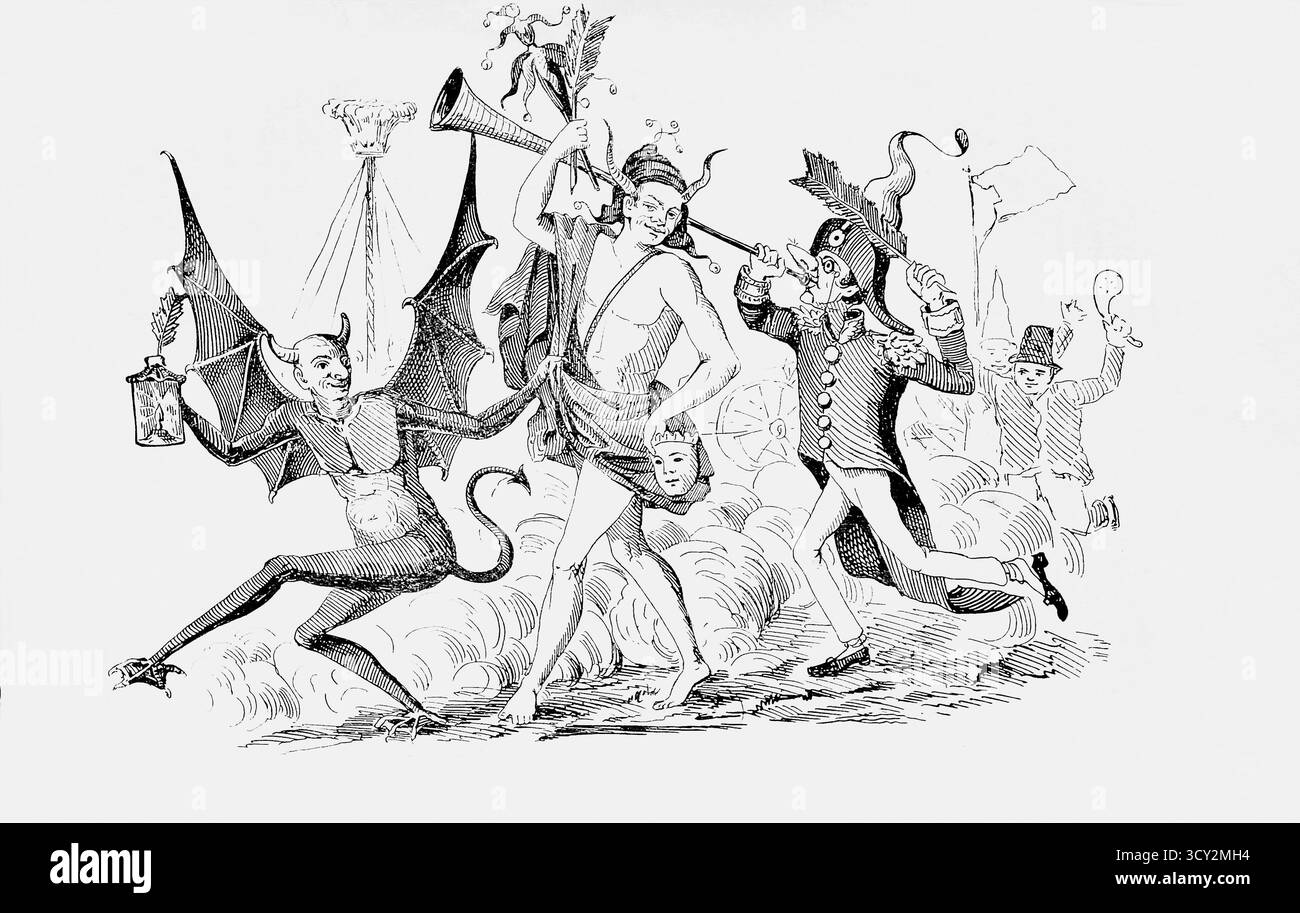 Das Bild ist eine historische Darstellung einer Karnevalsfeier in Mérida, Yucatán, aus dem Jahr 1861. Das Kunstwerk trägt den Titel „La Trinidad Burlesca y compinches Celebran el Carnaval a costa de sus amigos“ (die Burlesque Trinity und ihre Freunde feiern Karneval auf Kosten ihrer Freunde) Stockfoto