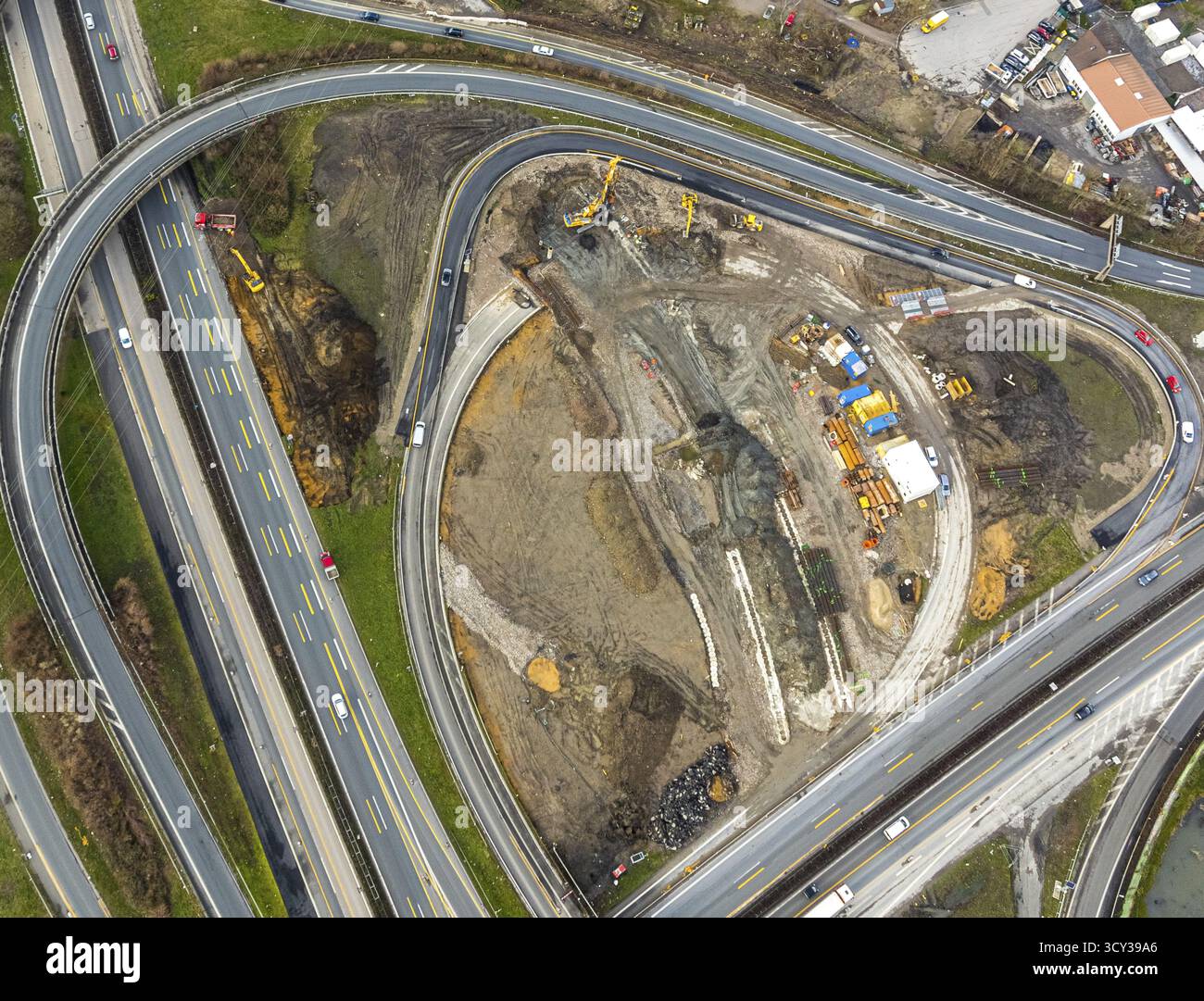 Luftbild, Autobahnkreuzung 21 Herne, Kreuzung der Autobahnen A42 und A43, Neubau eines 550 m langen Tunnels in sogenanntem offenem Bauwerk Stockfoto