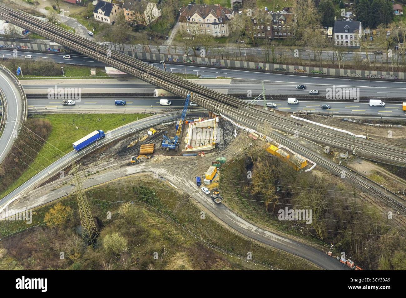 Luftaufnahme, Autobahnkreuz 21 Herne, Kreuzung der Autobahnen A42 und A43, Neubau eines 550 m langen Tunnels in sogenanntem offenen Bau Stockfoto