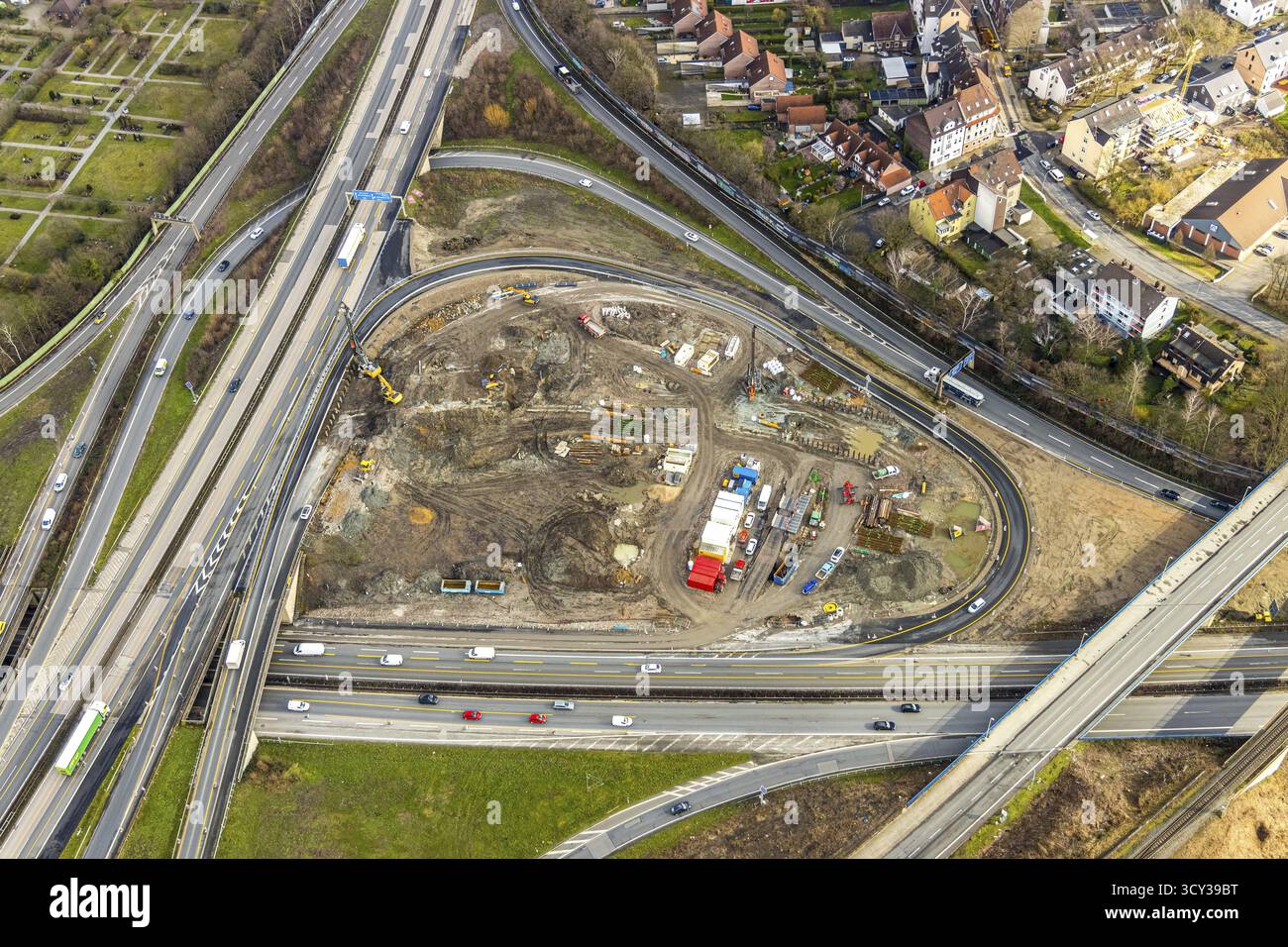 Luftbild, Autobahnkreuzung 21 Herne, Kreuzung der Autobahnen A42 und A43, Neubau eines 550 m langen Tunnels in sogenanntem offenem Bauwerk Stockfoto