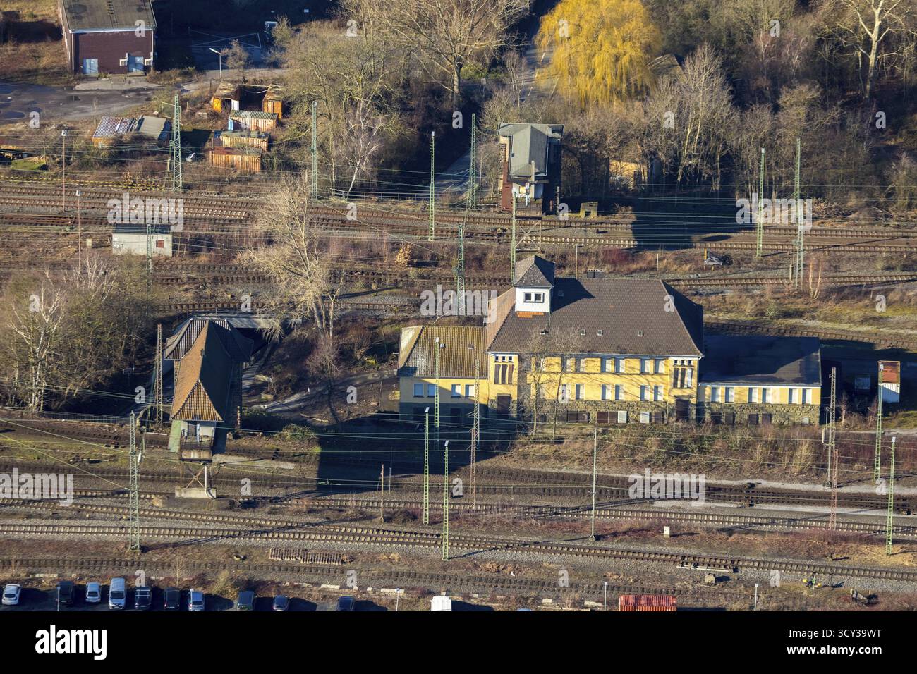Aus der Vogelperspektive, sieben Brücken, Guenterstraße, U-Bahn, Rangierbahnhof, ehemaliges Stellwerk, Hamm, Ruhrgebiet, Nordrhein-Westfalen, Deutschland, rai Stockfoto