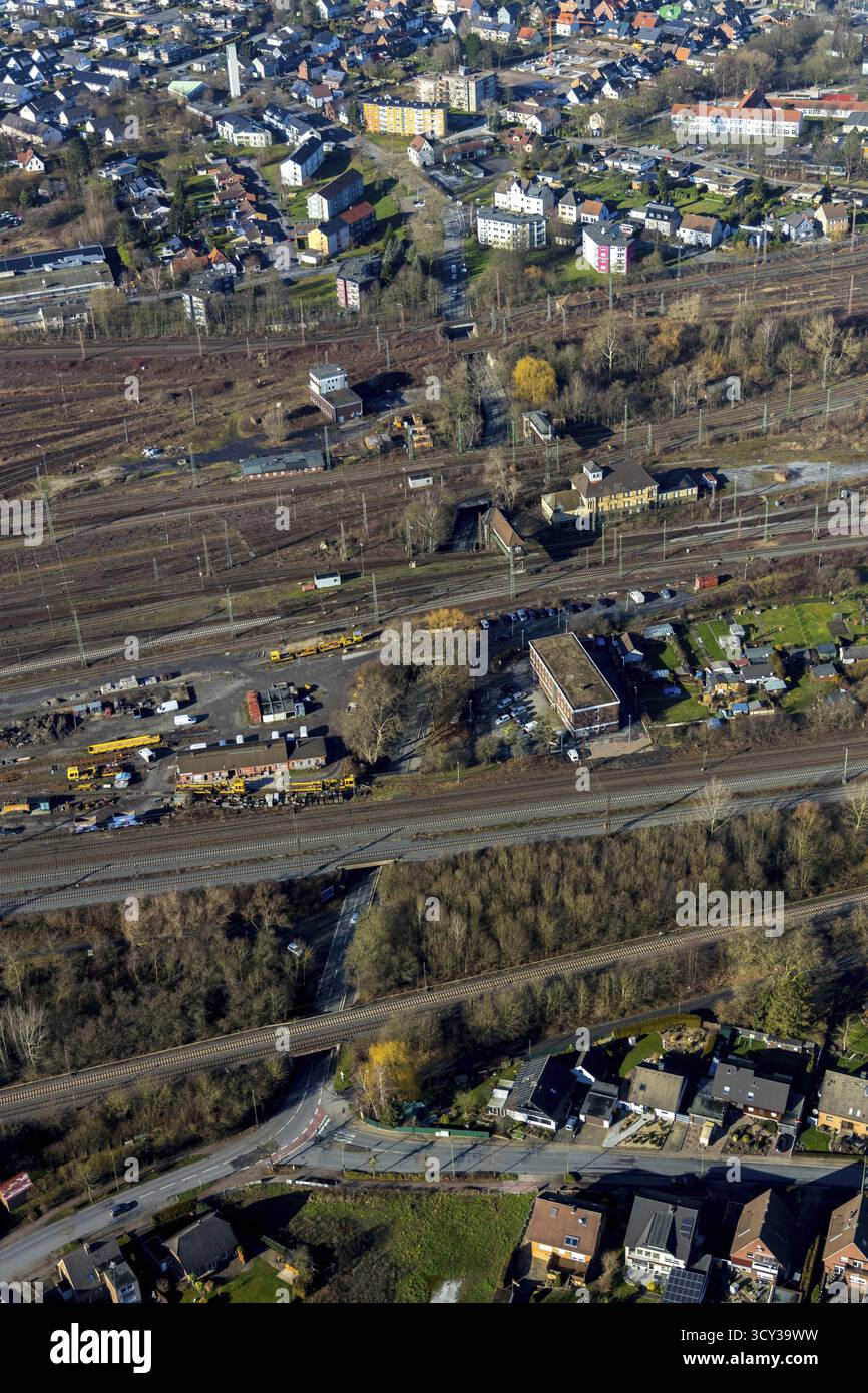 Aus der Vogelperspektive, sieben Brücken, Guenterstraße, U-Bahn, Rangierbahnhof, ehemaliges Stellwerk, Hamm, Ruhrgebiet, Nordrhein-Westfalen, Deutschland, rai Stockfoto